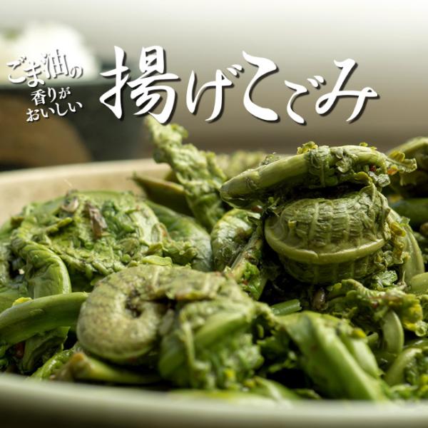 サクサクとした独特な食感とほんのり感じるヌメリが特徴。味が濃厚で、ごはんとの相性も抜群です。他の山菜に比べるとクセも少なく、山菜が苦手な方にも食べやすい山菜です。こごみの独特な歯ざわりをお楽しみください。内容量：200g原材料名：こごみ、醤...