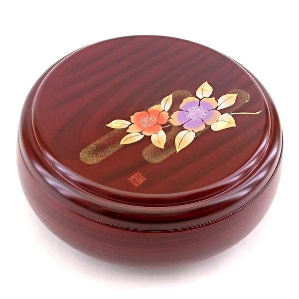 菓子器蓋付き赤木目さざんか蒔絵20.5cm お菓子入れおしゃれ来客