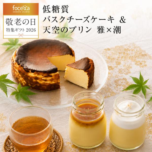 敬老の日 秋ギフト 送料無料 低糖質 バスク チーズケーキ 4号 &amp; 天空 プリン 雅×潮 キャラメル 塩バニラ