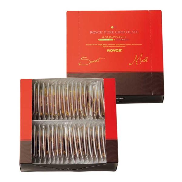 ミルク分を抑えてすっきりと仕上げた『スイート』とミルクの風味をほど良く感じる『ミルク』の組み合わせ■原材料名: 【スイート】チョコレート（砂糖、カカオマス、ココアバター、全粉乳）、ココアバター/乳化剤（大豆由来）、香料【ミルク】チョコレート...