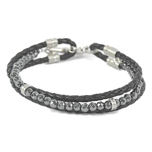 イーノス ダイヤモンド ヘマタイト メンズ レザー ブレスレット K18WG