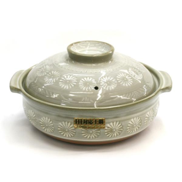 ○5ー6人用○ 日本製 萬古焼 IH対応土鍋 銀峯花三島 10号 200V電磁対応