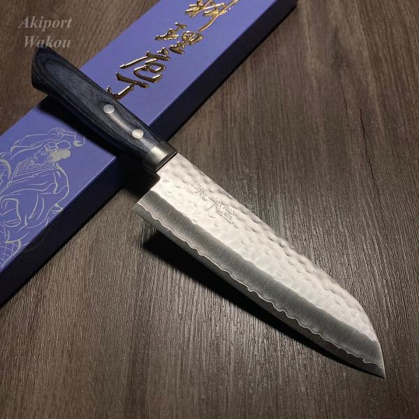 訓平作 三徳包丁 槌目仕上げ V金1号 VG1 170mm 紺合板柄 口金付き 錆び