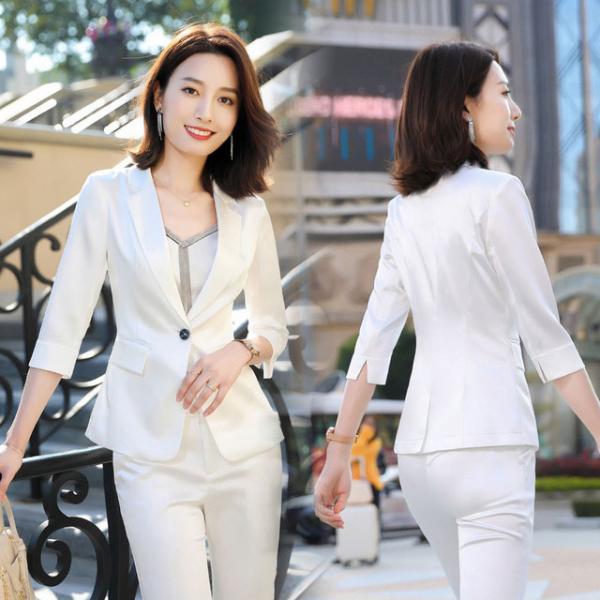 ホワイト パンツスーツ レディース 夏 2点セット テーラードジャケット 7分袖 通勤 Ol オフィス ビジネス スーツ フォーマル 大きいサイズ セレモニースーツ 海外 正規品