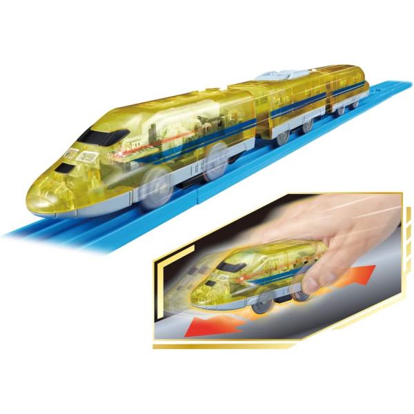 [Release date: September 15, 2022]電池いらずで電動走行する特別な車両がクリア仕様の「923形ドクターイエロー」で登場!手転がしでガンガンチャージ!スイッチONでしっかり電動走行します。スイッチOFFの状態で...