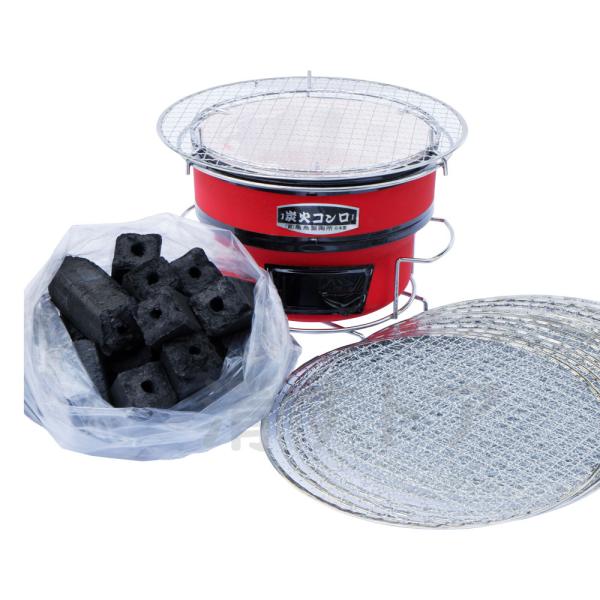 炭焼きお愉しみセット 七輪じゅうじゅう赤＋おが炭2kg＋焼網20枚のセット品
