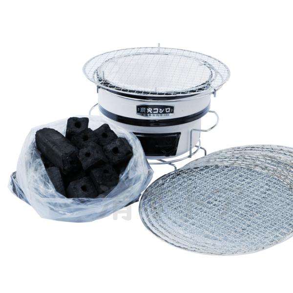 炭焼きお愉しみセット 七輪じゅうじゅう白＋おが炭2kg＋焼網20枚のセット品