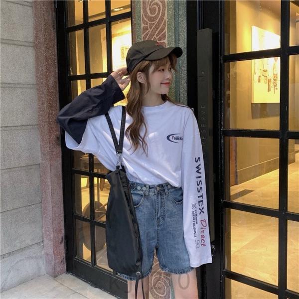 袖ロゴ重ね着風Tシャツ韓国オルチャンストリートダンス衣装HIPHOP原宿系アメカジ長袖K-POPゆったりロンTトップス :kj723-qgmz0232:KJストア 通販 レディース トップス ニット 原宿系 ストリート 韓国 ブラック 黒