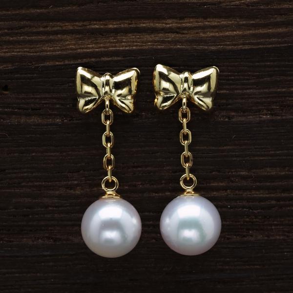 K18 アコヤ本真珠 リボン ピアス あこやパール 18金イエローゴールド 揺れる ぶら下がり かわいい ギフト プレゼント 小ぶり カジュアル 日本製