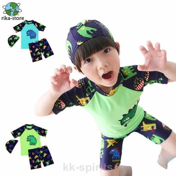 商品紹介    キッズ 水着    カラー    グリーン、ブルー   素材    ポリエステル   セット内容    キャップ＋半袖＋パンツ   サイズ   S/4 着丈37  ズボン丈25 　参考身長75-85　 適合体重9-12.5 ...