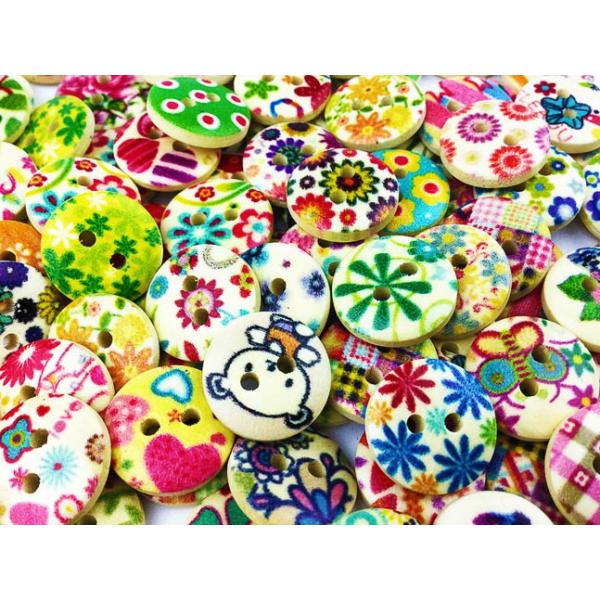 【即購入OK】#1333　14個　15mm ボタン ウッド 手芸 お花　フラワー ボタン 手芸 用 ウッド 木製 15mm 100個 花柄 多種 ミックス ウッド