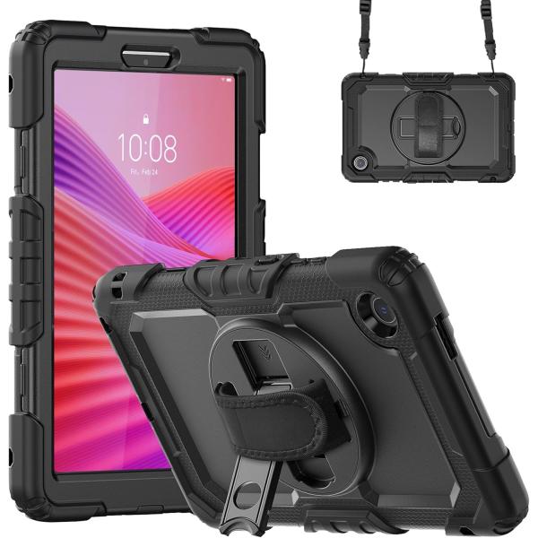 Lenovo Tab K9 / Tab One 8.7 ケース シリコン TPU+PC 三層構造 耐衝撃 頑丈 タブレットカバー 360度回転スタンド ハンドストラップ 肩掛けストラップ付 内蔵保