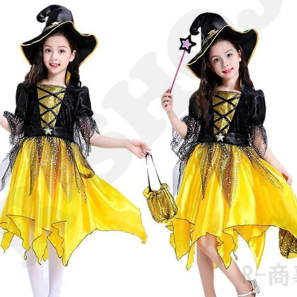 ハロウィン衣装 小悪魔 子供コスプレ ウィッチ 女の子 4点セット 姫様魔法使い 手品師 仮装 ドレス コスチューム キッズ 子供用 姫様 仮装