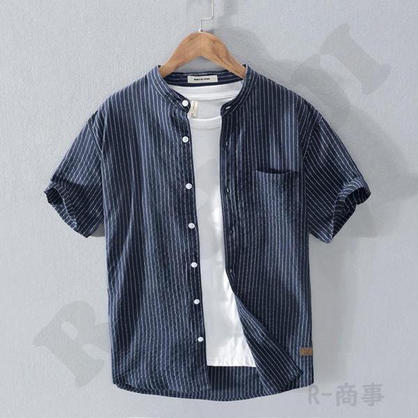 シャツ メンズ 半袖 リネンシャツ ストライプシャツ 無地 プルオーバーシャツ 前開き ポケット付き 刺繍入り バンドカラー ライトアウター 春 夏