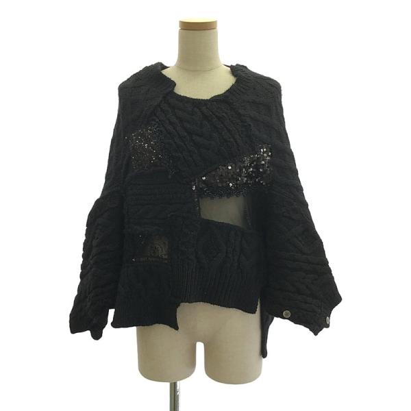 【美品】  JUNYA WATANABE COMME des GARCONS / ジュンヤワタナベ | 2014AW | ウール ビジュー 装飾 変形 レース切替 パッチワーク ケーブル ニット | S | ブラック | レディース kldclothing_3nohq2vgeapx