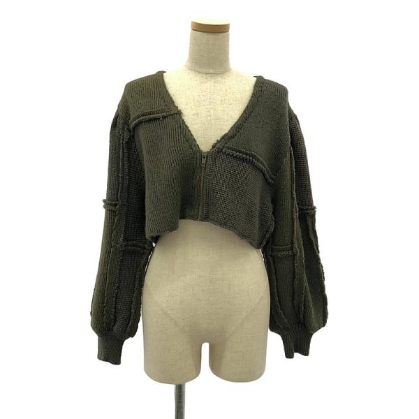 【美品】  MALION vintage / マリオンヴィンテージ | クロップド パッチワークニット カーディガン | F | カーキ/ブラウン | レディース 美品】 MALION vintage / マリオンヴィンテージ | クロップド パッチ