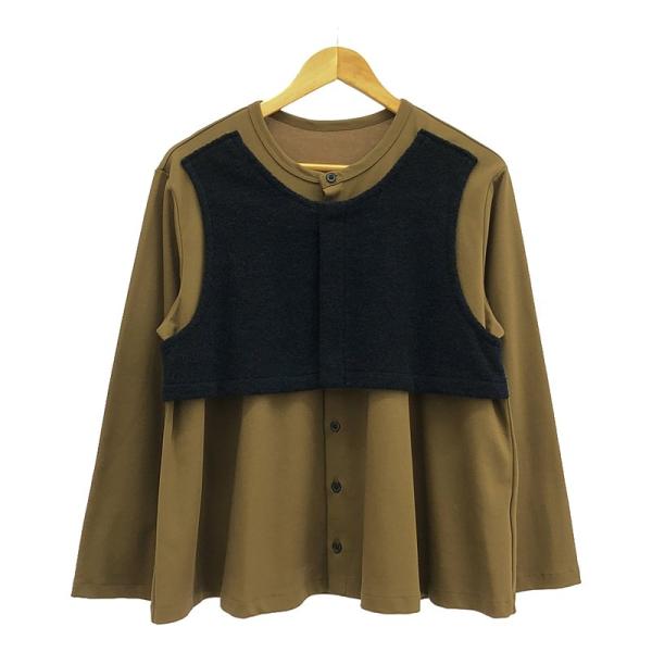 Y's / ワイズヨウジヤマモト | ウール デザイン切替 カーディガン | 2 | カーキ/ネイビー | レディース 美品】 Y's / ワイズヨウジヤマモト | 異素材 クルーネック