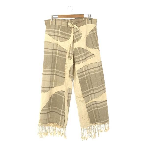 【新品】  OLUBIYI THOMAS / オルヴィトーマス | 2023SS | wide kickback trousers ヴィンテージファブリック チェック パッチ フリンジ ワイドパンツ | 2 | オフホワイト / ベージュ | メンズ kldclothing_bgsaha78q4vp