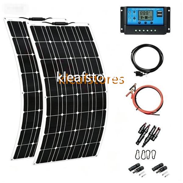 600W 12v/18vポータブルソーラーパネルモジュールキット、コントローラー40A付き 2×300Wフレキシブルソーラーパネル