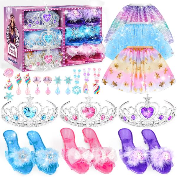 【プリンセスドレスアップセット】女の子なら誰でもプリンセスに憧れ、キラキラ輝く靴や王冠を身につけたがるものです。このエレガントな仮装アクセサリーは、3組の子供用ハイヒール、3つのプリンセスクラウン、3つのドレス、3組のイヤリング、3つのネッ...