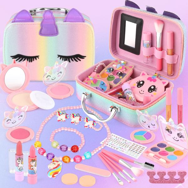 28 IN 1 メイクセット おもちゃ : このメイクアップキットは、女の子がメイクを楽しむために必要なすべてのアイテムが揃っています。口紅やリップグレーズ、チーク、アイシャドウ、パウダー、パフ、メイクブラシ、マニキュア、ネイルファイルが含...