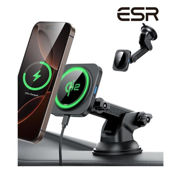 ESR Qi2 15W充電 magsafe 車載 スマホホルダー Qi2認定magsafe充電器 ダッシュボード/ガラス 磁気ワイヤレス車載充電 スマホスタンド 車用 マグセーフ充電器 急速充電 iPhone16/15/14/13/12シリ...