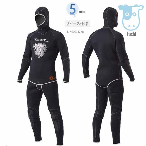 カラー：ブラックサイズ：S?M?L?XL?XXL?3XL厚さ： 5mm材質：ネオプレーン?ナイロン材質：頭から足までのツーピースで保温性抜群で?バストと膝部分に耐摩擦性の強いハードテックジャージを採用しています。フード一体式：魚突きでは潜行...