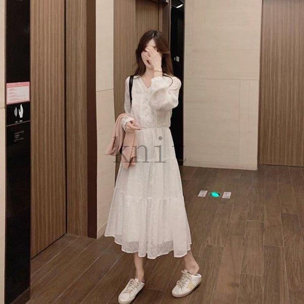 中学生高校生10代代韓国ファッションワンピースドレス長袖春夏秋ロング丈白ホワイト5317 Kniteda56c59 ニットknit 通販 Yahoo ショッピング
