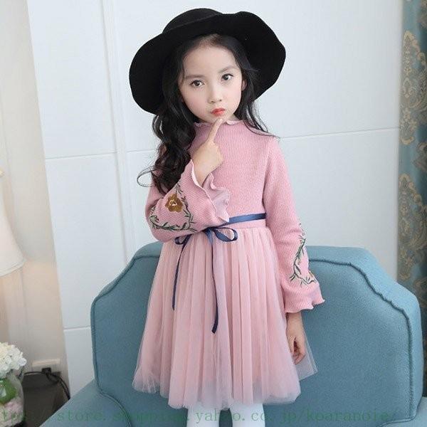 韓国子供服 ワンピース フォーマル キッズドレス チュールワンピース 長袖 リボン Kids Dress 上下セット チュールスカート 子供ドレス 結婚式 発表会 こども服 Sagaretxe Net