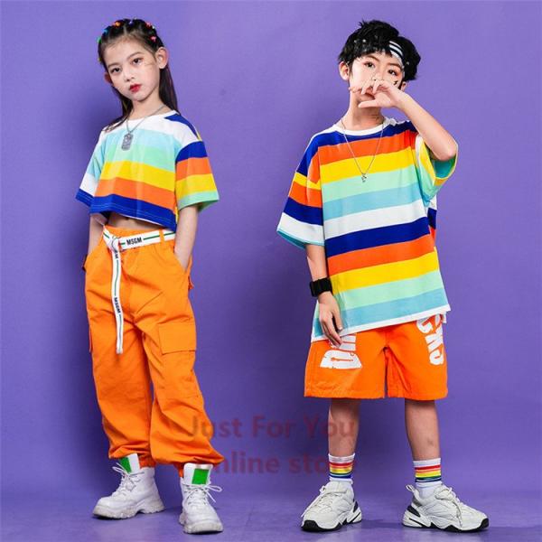キッズダンス衣装 半袖 tシャツ 虹色 k-pop パンツ カラフル色 子供 ダンス衣装 ヒップホップ シャツ カーゴパンツ ベルト ファッション ストリート 原宿系
