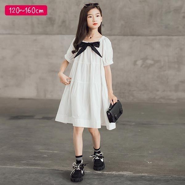 ワンピース 白 レディース こども服 夏 半袖 膝丈 薄手 涼しい 快適 大人かわいい リボン シンプル 無地 定番 フォーマル 普段着 万能  おしゃれ きれいめ 夏服