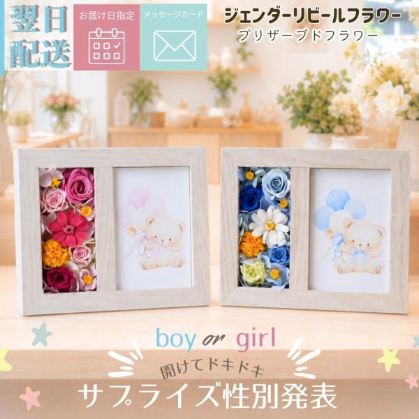 ジェンダーリビール フォトフレーム フラワー プリザーブドフラワー アレンジメント 記念品 可愛い 性別発表 妊娠報告 花 妊娠 男の子 女の子 写真額