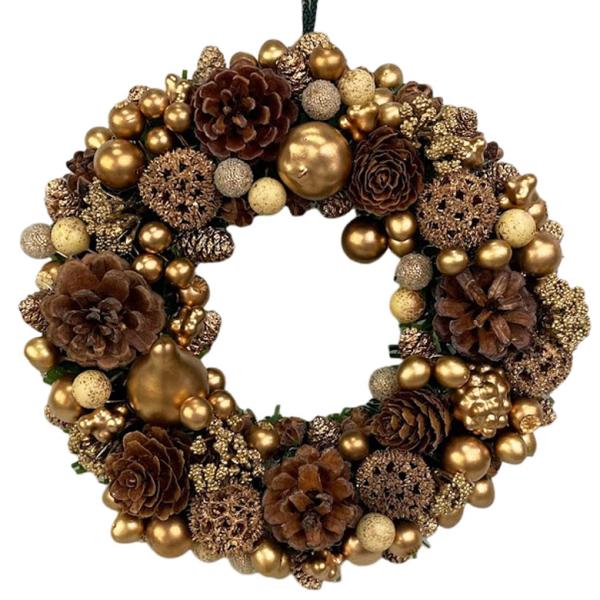 上品で華やかなゴールドナチュラルリース<br>ご自宅用でもプレゼント用でもご利用いただけます！□商品サイズ：約　直径17cm□重さ：約　100g※ご注意 ●この商品は一つ一つが手作り商品の為、商品画像と色や形・大きさが若干異なる...