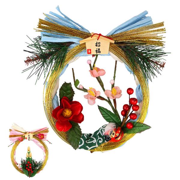 ミニサイズで可愛いらしいお正月しめ縄リースです。一際目が行くパステルカラーを使用しております。商品サイズ：約  横幅16×高さ19cm×厚さ5cm (吊紐部分を含みません)※１つ１つ手作りのため、若干商品サイズが異なる場合がございますがご了...