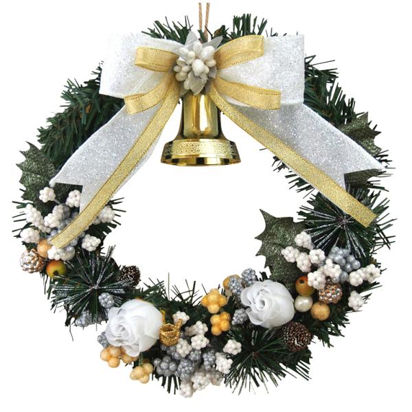 お洒落な街の神戸でデザイナーによって１つ１つ丁寧に手作りされている非常に珍しく希少な国内生産品です。ホワイトをベースとしてゴールドを控えめに使用しており落ち着きのあるデザインのクリスマスリース。ホワイト・ゴールド・グリーンの落ち着いた色合い...