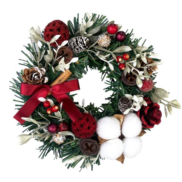 お洒落な街の神戸でデザイナーによって１つ１つ丁寧に手作りされている非常に珍しく希少な国内生産品のクリスマスリース小柄でどこにでも飾りやすい15cmサイズのレッド色ですお家の玄関やお部屋、お店ショップに飾ってクリスマスムードを広げるのにピッタ...