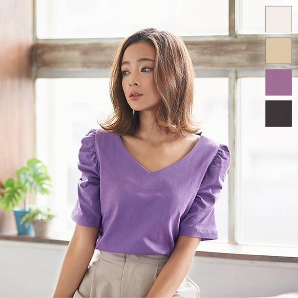 Tシャツ 半袖 ギャザースリーブ Vネック カットソー 春夏 シンプル 大人 無地 白 黒 レディース トップスc4607 神戸レタスkobelettuce 通販 Paypayモール