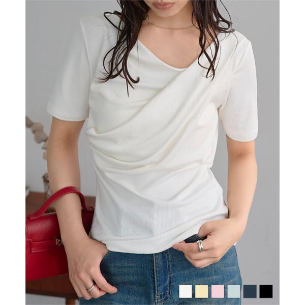 トップス ドレープ Tシャツ きれいめ 半袖 レディース カットソー オフィスカジュアル 黒 白 C7834送料無料
