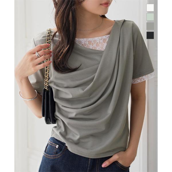 日替わりセール Tシャツ レディース トップス 半袖 レース ドレープT 40代 レイヤード風 カットソー ブラウス C7928送料無料