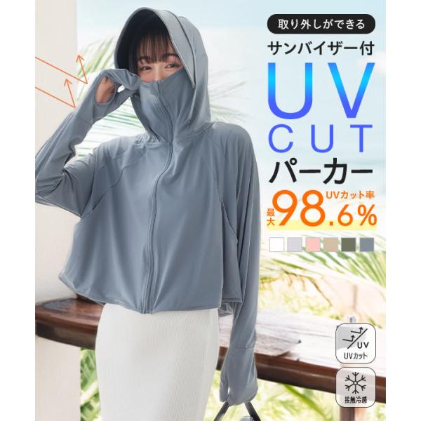 UVカットパーカー レディース 接触冷感 日焼け防止 羽織り 夏 取り外しサンバイザー付き フェイスカバー C7966送料無料