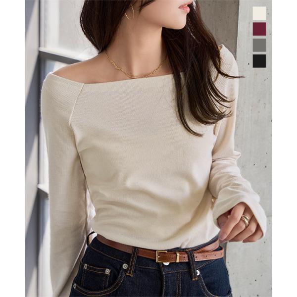 Tシャツ 長袖 レディース トップス オフショル ボルドー 黒 白 リブ ブラ紐留め付き 無地 ベーシック C8035