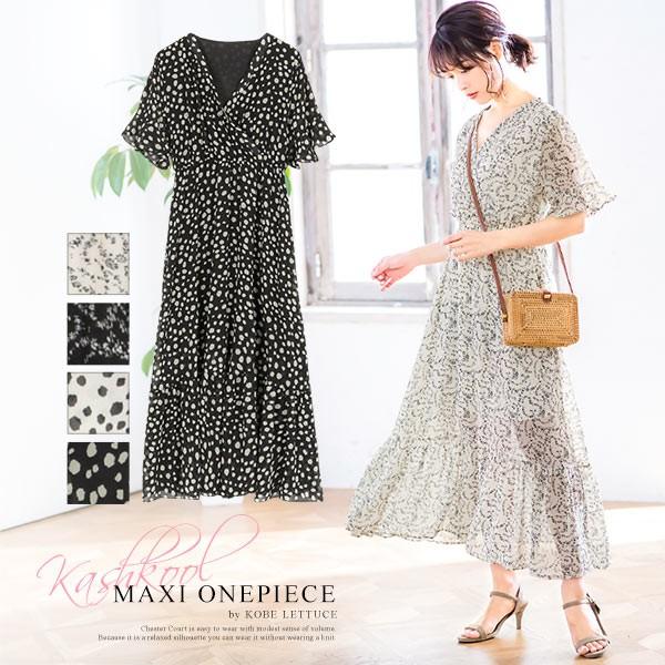 マキシワンピース ワンピース カシュクール ベルスリーブ マキシ丈ワンピース レディース ティアード ウエストゴム30代 40代 E46 神戸レタスkobelettuce 通販 Paypayモール