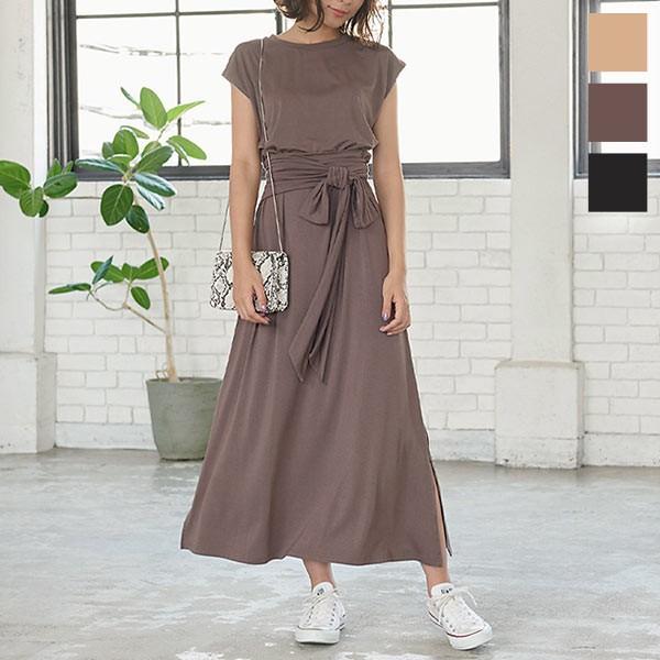 ワンピース マキシワンピース カットソー 秋 ウエストリボン サイドスリット ノースリーブ レディース E2174 神戸レタスkobelettuce 通販 Paypayモール