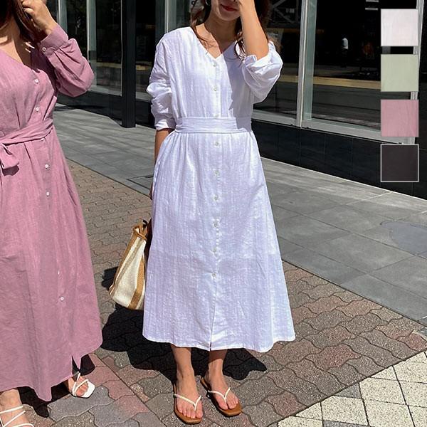 ワンピース リネン リボン 春夏 ガウンワンピース 長袖 ロング 綿100 ナチュラル ゆったり レディース E2456 神戸レタスkobelettuce 通販 Paypayモール