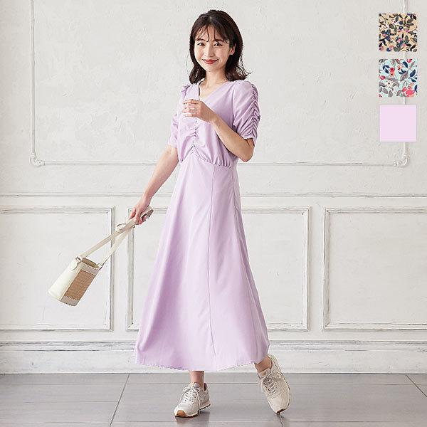 ワンピース レディース ロング 夏 小花柄 裏地付き Vネック パワーショルダー ギャザー ロング フェミニン E24 神戸レタスkobelettuce 通販 Paypayモール