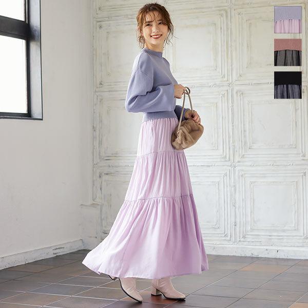 ワンピース レディース ドッキングワンピース 秋 ニット フェミニン 長袖 ロング ぽわん袖 フレアワンピース E23 神戸レタスkobelettuce 通販 Paypayモール