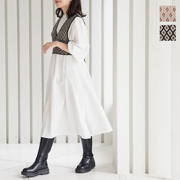 ワンピース 秋冬 シャツワンピース レディース ビスチェ レイヤード 前後2way ニット 幾何学柄 E2911 神戸レタスkobelettuce 通販 Paypayモール