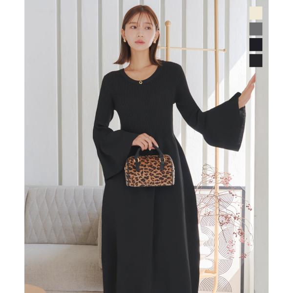 ワンピース レディース 40代 50代 30代 フレアスリーブ ニット 長袖