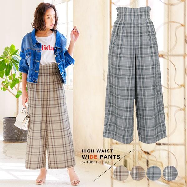 ワイドパンツ レディース ハイウエスト ウエストゴム タック チェック柄 ロング 春 きれいめ M2377 神戸レタスkobelettuce 通販 Paypayモール