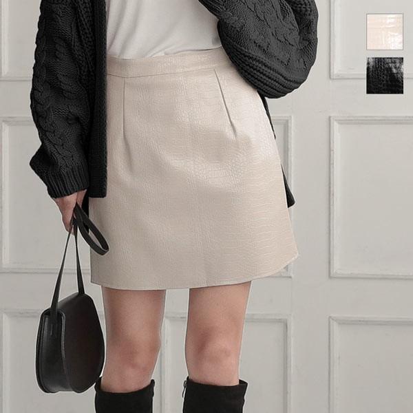 スカート 秋冬 レザー クロコ エコレザー 裏地付き フェイクレザー